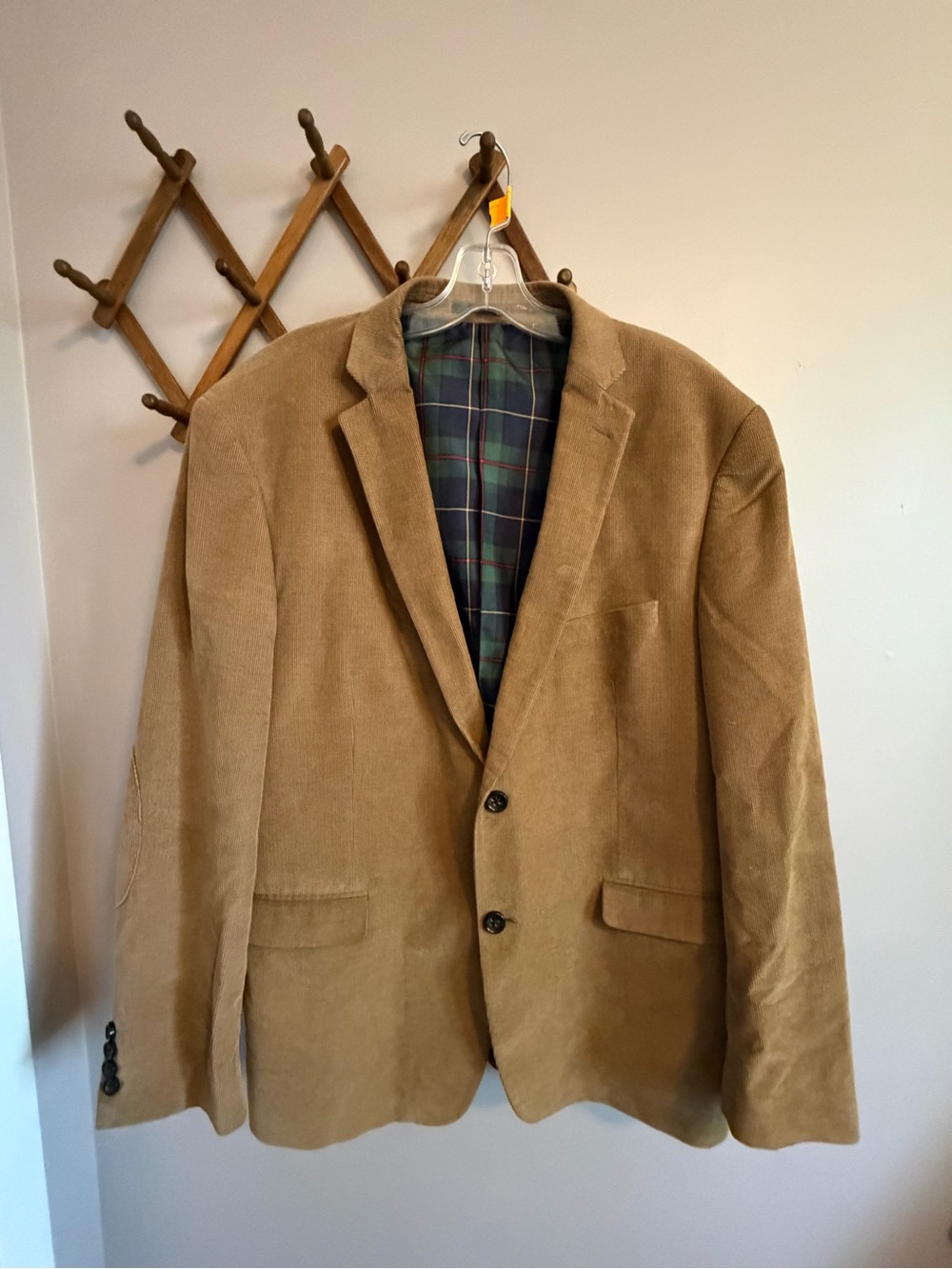U.S. Polo Assn. Classic Tan Corduroy Blazer Elbow Patch Plaid Lining 44R